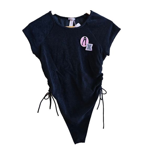 NWT SAVAGE X FENTY 70s Ruched Terry Thong Teddy black size Medium - Picture 2 of 6